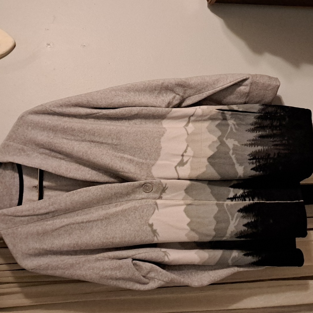 Cuddl Duds Cardigan Womens 2X Gray Black Mountain Trees Fleece Soft Sweater